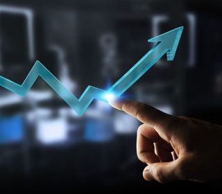 Businessman using digital modern arrow 3D rendering Businessman on blurred background using digital modern arrow 3D rendering